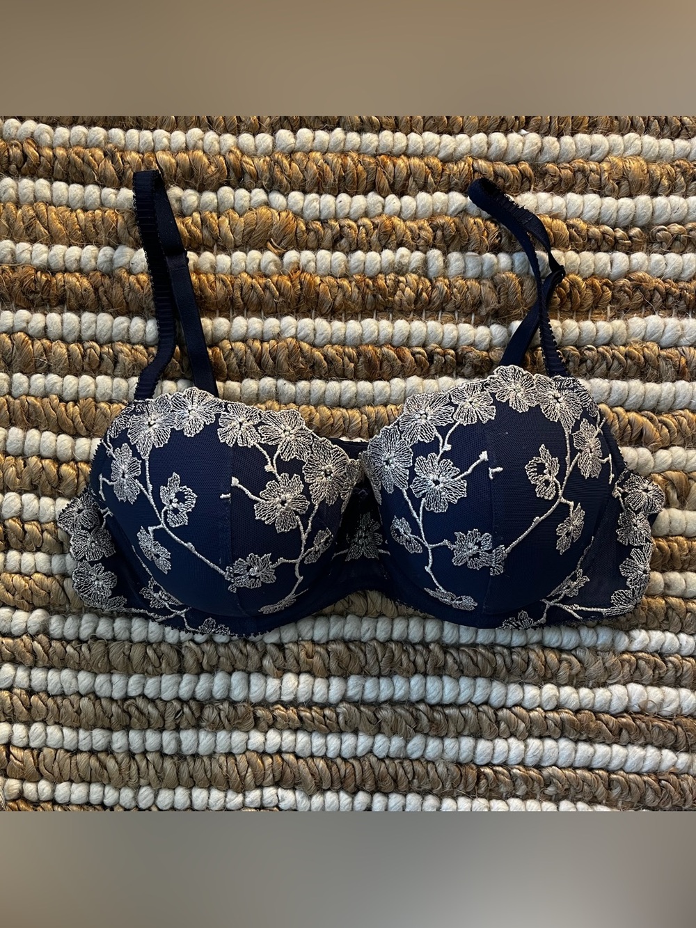Victoria's Secret Navy Demi Bra with silver Floral Embroidery and rhinestones
